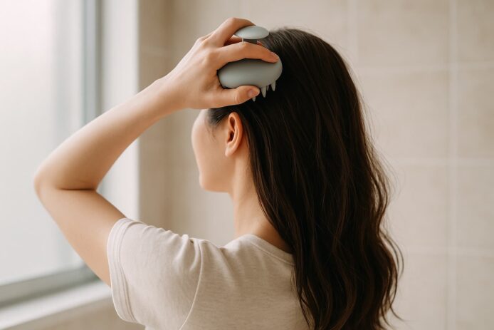 シャンプーブラシで頭皮マッサージをする30代女性の後ろ姿。