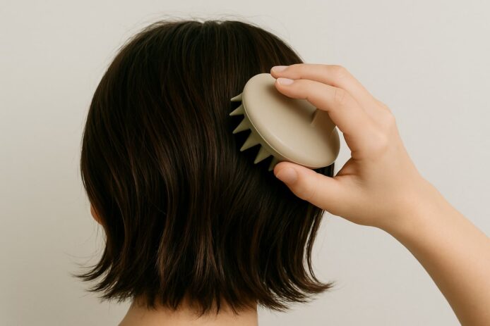 女性が後ろ姿でシャンプーブラシを使い、頭皮をマッサージしている様子