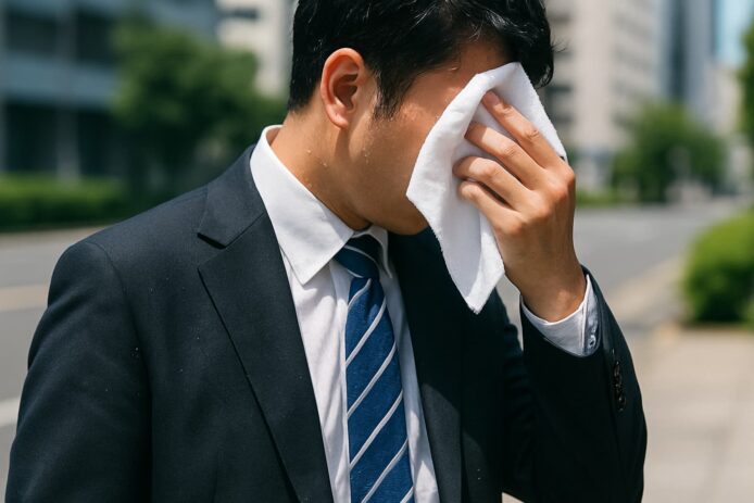 炎天下でスーツ姿の営業マンが冷感タオルで汗を拭く様子|外回り営業の暑さ対策におすすめのビオレ冷タオル無香性