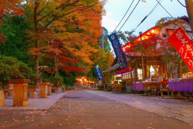 深大寺の山門と紅葉の写真